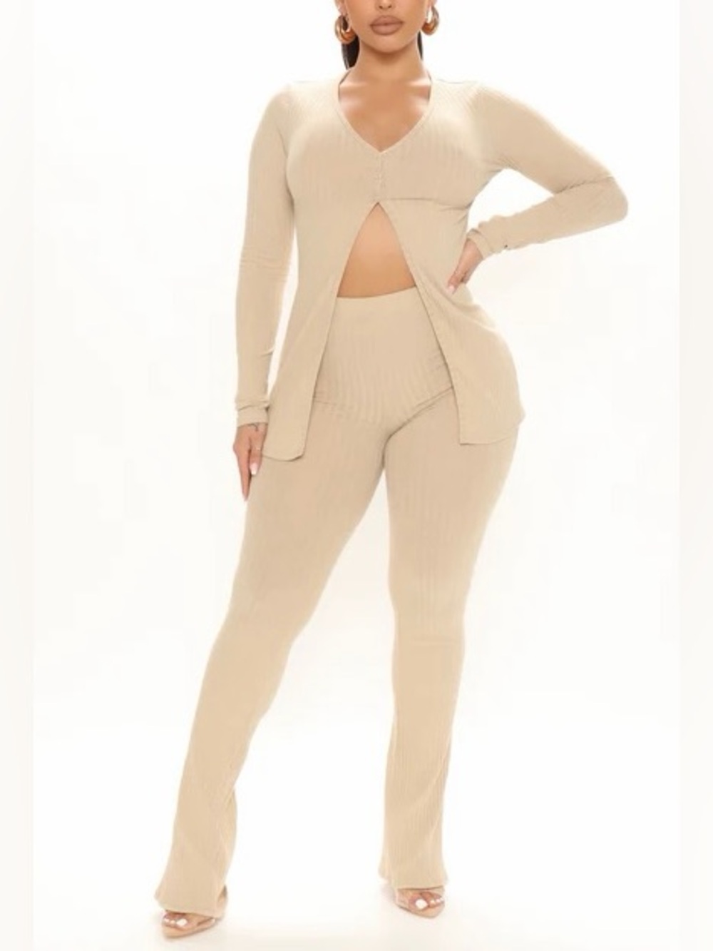 Tan Ribbed Pant Set, M